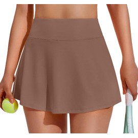 PINSPARK Skort for Women Pleated Tennis Skirts 13" Golf Skirts with Pocket Skater Skirt Activewear,Brown X-Small