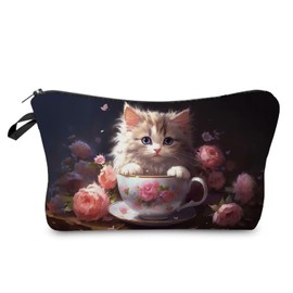 Livel lhood Teacup Cat Makeup Bag Cute Small Organizer Zipper Pouch Teacup Cat Cosmetic Bag Birthday Present for Women Friends -2