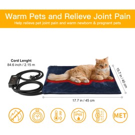 Toozey Pet Heating Pad, 6 Adjustable Temperature Heated Cat Bed with Timer, Waterproof Electric Heated Mat for Dogs and Cats, Chew Resistant Cord, Safe Indoor Use, 18x16in
