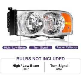 Bincmay Headlight Assembly Compatible with 2002 2003 2004 2005 Dodge Ram, 02-05 Ram 1500/03-05 Dodge Ram 2500 3500 Headlamp Replacement (Chrome Housing Amber Reflector)