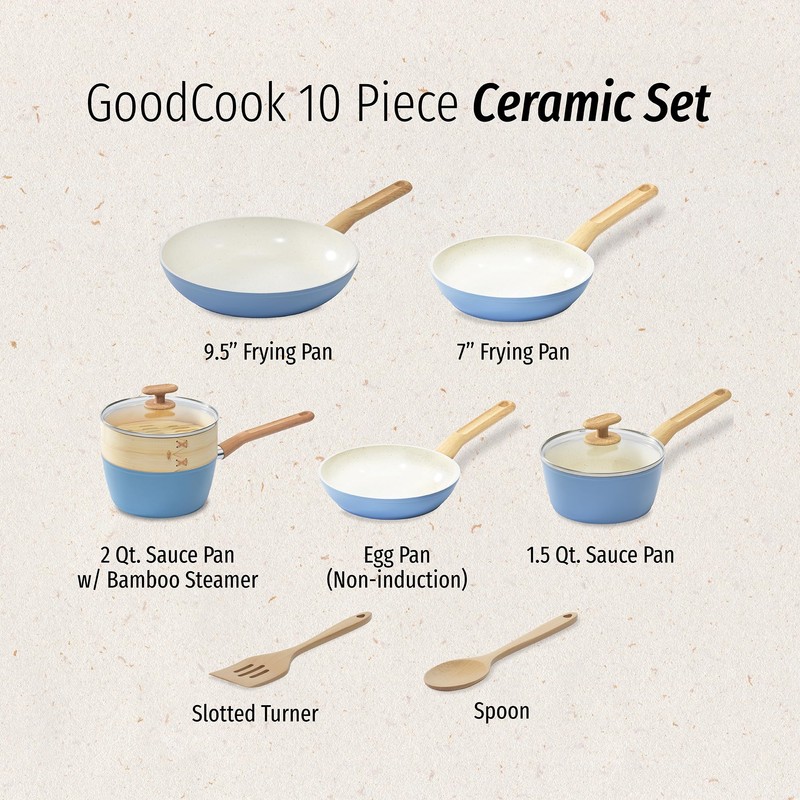GoodCook 10-Piece Healthy Ceramic Titanium-Infused Cookware Set, Light Blue –