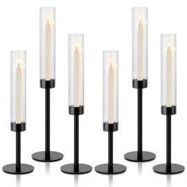 Black Hurricane Candle Holders, Set of 6 Glass Taper Candlestick Holders Metal Candle Stands Bulk with Ribbed Glass Cover for Dining Tables Wedding Candelabra Centerpieces Decor