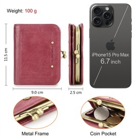 Contacts Women's RFID Wallet with Kiss Lock, Genuine Leather Multifunctional Bifold Coin Purse with Zip Pocket, Vintage, Credit Card Holder, Small Clutch with ID Window, pink, Casual