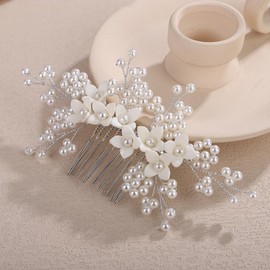 Rumtock White Flower Silver Hair Comb with Pearl Beads for Wedding Brides Women Hair Accessories Jewelry (Silver)