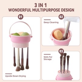 ADETON Makeup Brush Cleaner Mat, Pink 3 in 1 Silicone Make Up Brushes and Tools Cleaning Bowl, Pad, Drying Rack, Organizer Storage Holder, Cosmetic Brushes and Sponge Cleansing (C - PINK)