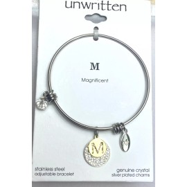 Unwritten Stainless Steel Adjustable Bangle Bracelet Initial M Charm Crystal NWT