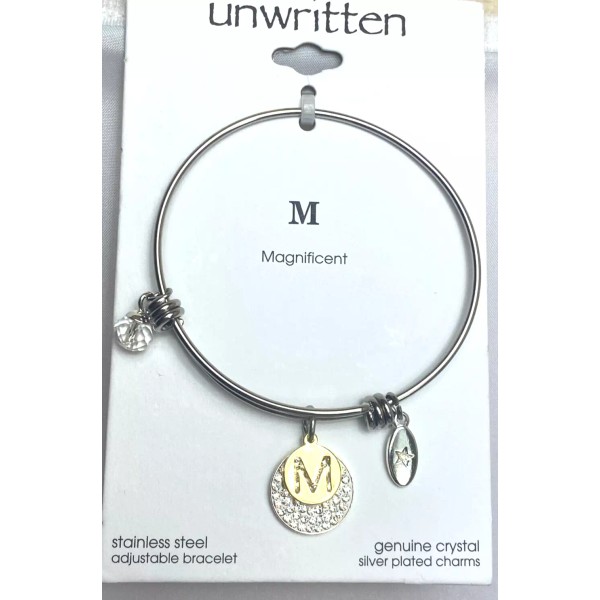 Unwritten Stainless Steel Adjustable Bangle Bracelet Initial M Charm Crystal