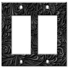 Art Plates - Double Gang Rocker (Decora - GFCI) Switch Plate - Decorative Metal Wall Plate - Black Floral Print - (Made in USA)