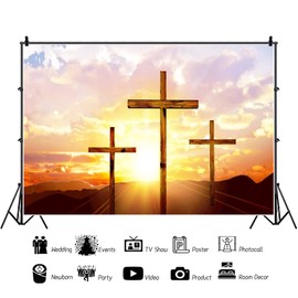 DORCEV 10x8ft Three Crosses On Mountains Backdrop Sunrise Sunset Holy Light Jesus Cross Photo Background Sunlight Cloud Funeral Pray Christian Church Event Backdrop Heaven Sent Theme Party Banner