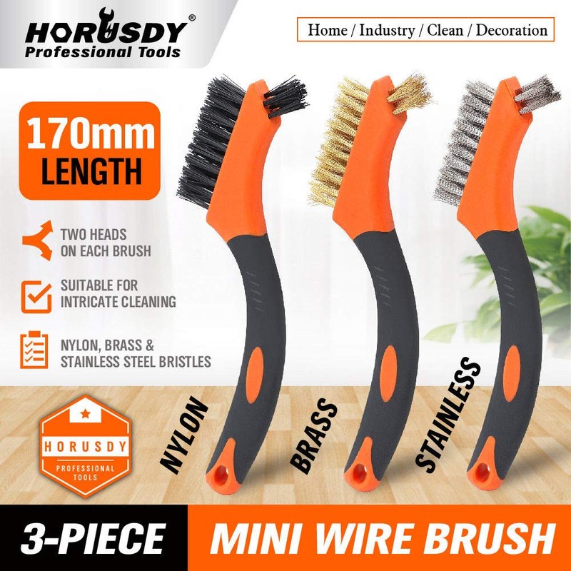 HORUSDY 3-Piece Wire Brush Set, 7-Inch Nylon/Brass/Stainless Steel with Non-Slip