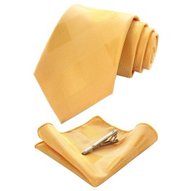 JEMYGINS Square Stripe Jacquard Braided Tie for Men and Pocket Square Tie Clip Sets, yellow