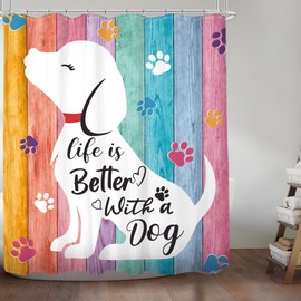 KOMLLEX Cute Dog Shower Curtain for Bathroom Decor Kids Funny Animal Colorful Wood Plank Child Country Lovely Farmhouse Pet Footprint Fabric Waterproof Polyester 12 Pack Hooks Pink 60Wx72H Inches