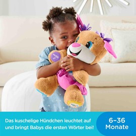 Fisher-Price Learning Fun Dog Friend, Talking, Singing Cuddly Toy, Baby Toy 6 Months +, Interactive Toy Dog, Educational Toy, Baby Gift for Girls & Boys, Speaks German, FPP53