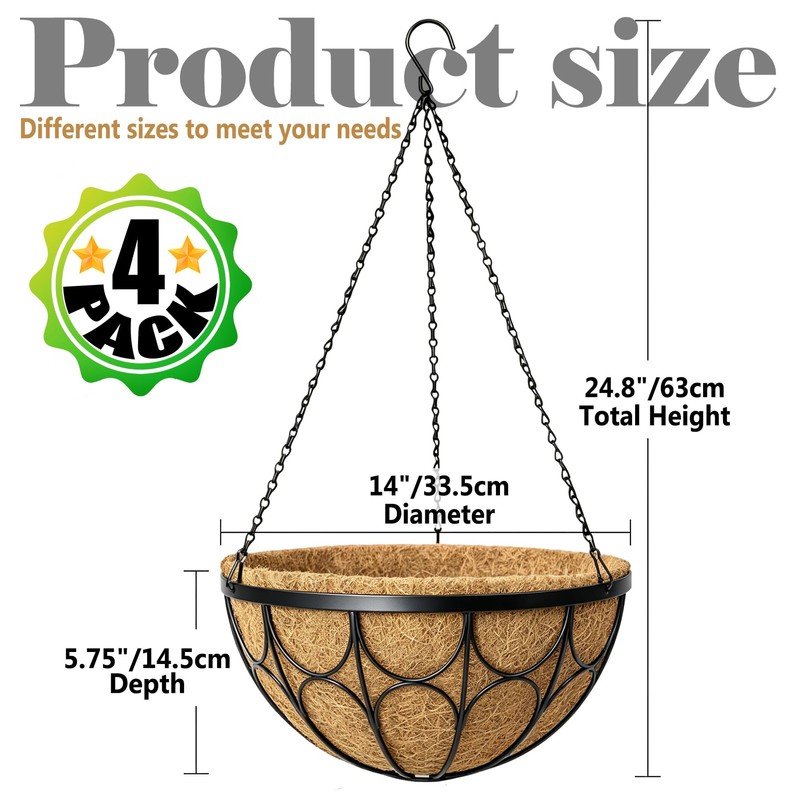 nongcunren 4 Pack 14 Inch Hanging Planters for Outdoor Plants，Large