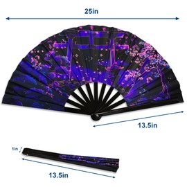 H&G Studio Sakura Blossoms Blacklight X-Large Hand Fan - Foldable Clacking Fan for Raves, Parties, Events, Parades - Indoor and Outdoor Use