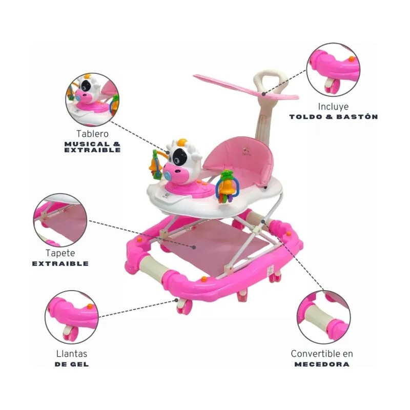 Andadera Mecedora Musical Con Llantas De Gel,baston,toldo Color Rosa