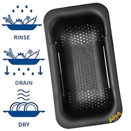 AHASON'S Over The Sink Colander Strainer Basket, Wash Vegetables and Fruits, Drain Cooked Pasta, Extendable Basket (Black)