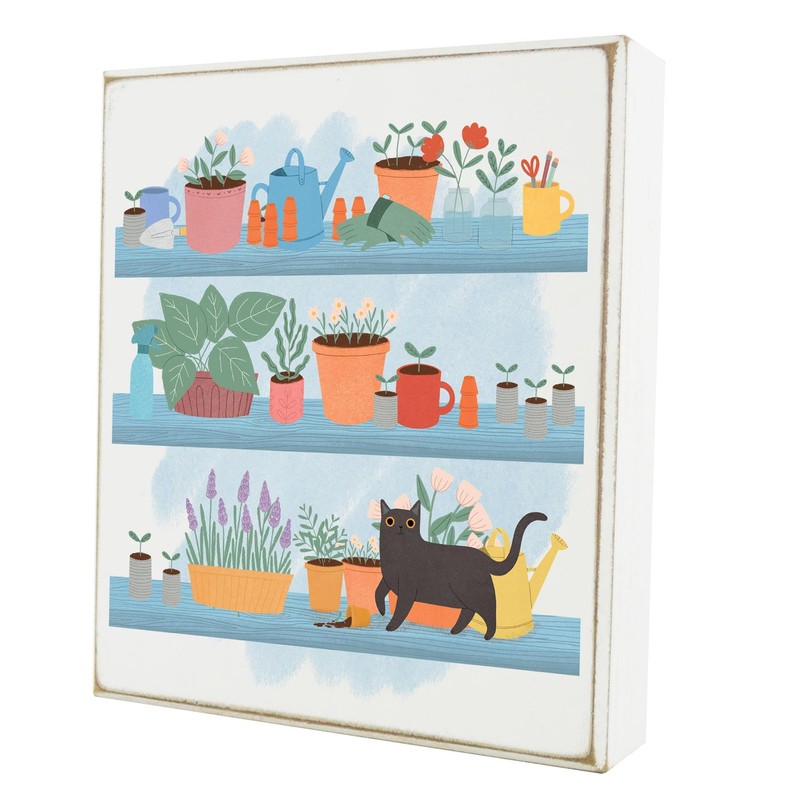 GARDEN SHED SHELVES NAUGHTY CAT GARDNERS GIFT IDEA WOODEN BLOCK