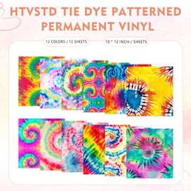 HTVSTD Tie Dye Permanent Vinyl - 12 Sheets 12"x10" Swirl Patterned Permanent Adhesive Vinyl for Mugs Decors Tie Dye Self Adhesive Vinyl Compatible with Cricut/Silhoutte Cameo
