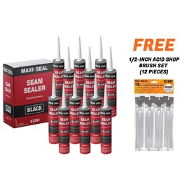Maxi -Seal Polyurethane Seam Sealer Automotive - Black, 10.5oz Tube - Durable & Flexible Auto Body Filler - Seam & Joint Compound for Bare or Painted Surfaces - Brushable(12 Pack) + Free Acid Brushes