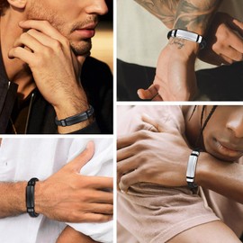 Thick Men Leather Cord Bracelets with Solid Black ID Tag Words Engravable Fashion Men Wrap Wrist Leather Band, Everyday Wear Hand Jewelry, Size 21-23cm