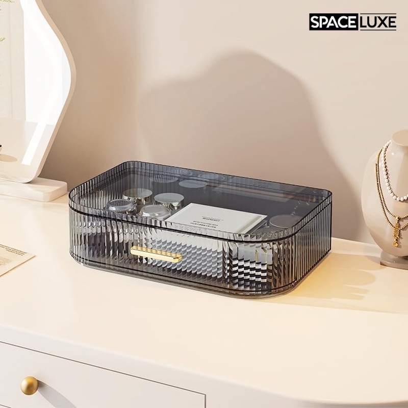 SpaceLuxe Makeup Organizer with Drawers and 360° Rotating Brush Holder,