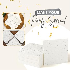 White and Silver Cocktail Napkins – Set of 100 Disposable Party Napkins, Paper Star Confetti Design, Perfect for Weddings and Events