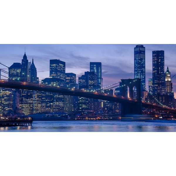 NYK-005S1 Painting Style Wallpaper Poster (Removable Sticker Type), Brooklyn Bridge at Dusk, East River, New York Panoramic Night View, Charachro (Panoramic S Version, 45.3 x 22.6 inches (1152 x 576 mm), Architectural Wallpaper + Weatherproof Paint, Made