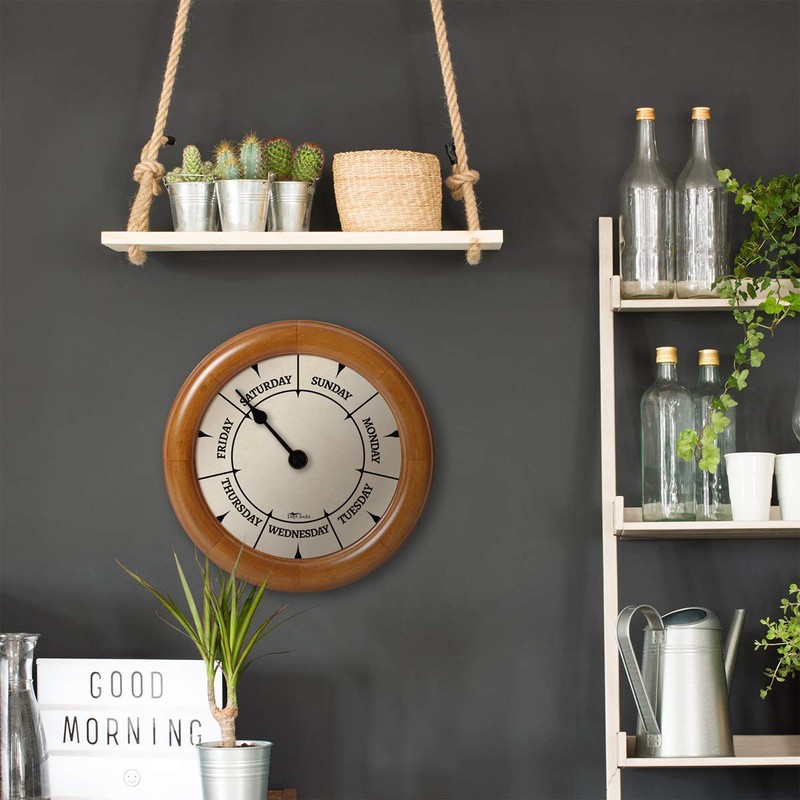 DayClocks Classic Week-Day Wall Clock with Solid Wood-Round Frame –
