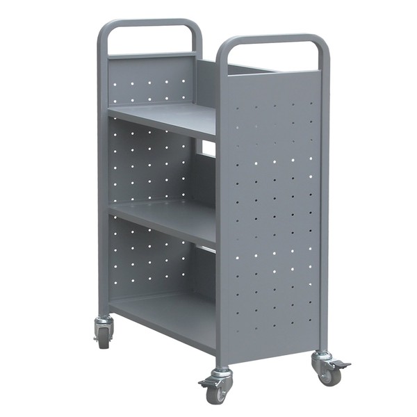 Heavy Duty Book Carts with 3 Single-Sided Book Shelves, Rolling Book Storage Rack with Lockable Wheels 200lbs Capacity (Grey)