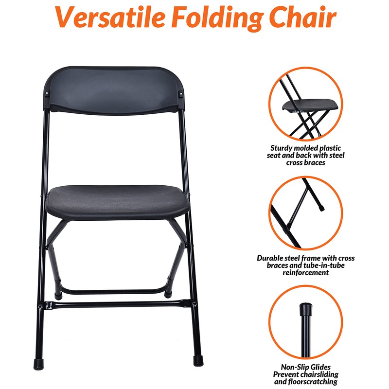 Elevon Folding Plastic Chair with 500-Pound Capacity, Black, 4-Pack