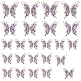 Pack of 24 3D Butterfly Wall Decoration, 3 Sizes, Hollow Butterflies Decorative Wall Stickers, Removable Butterflies Art Stickers for Bedroom, Living Room, Party Decor (Purple Silver)