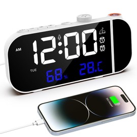 VORRINC Projection Alarm Clock, 15 Inch Digital Radio Alarm Clock with Large Numbers/Double Alarms/Snooze/Temperature/Humidity/Brightness and Volume Adjustment, USB C Charging Port - White