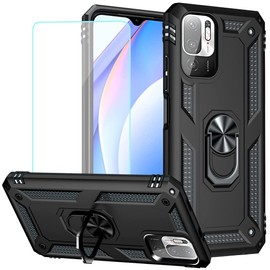 Yerebel for Mi Poco M3 Pro/Redmi Note 10T 5G M2103K19G Case with Tempered Glass Screen Protector, [Military Grade] [Metal Ring] [Magnetic Support] Heavy Duty Cover for Xiaomi Redmi Note 10 5G (Black)