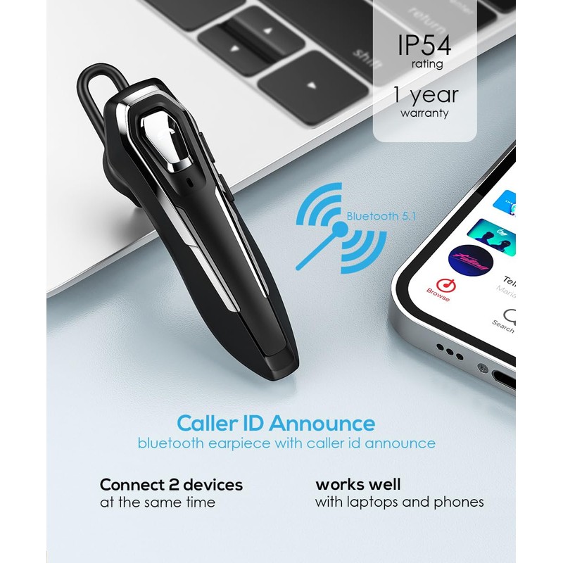 BEVCEFCC Bluetooth Earpiece Handsfree 30Hrs Talking Time Wireless Headset Bluetooth