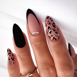 Almond False Nails Short, 24Pcs Pure Colors French Fake Nails Leopard Print Pattern, Glossy Press on Nails with Nails Glue Stickers, Stiletto Acrylic Stick on Nails for Women and Girls