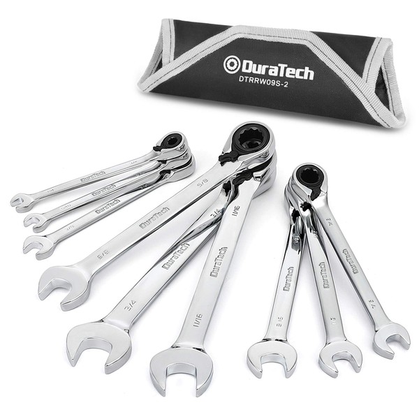 DURATECH Reversible Ratcheting Combination Wrench Set, SAE, 9-Piece, Open end Spanner with Rolling Pouch, 1/4'' to 3/4", 12 Point, CR-V Steel