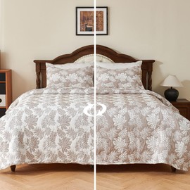 EVENHUG 100% Cotton Quilt Queen Size Reversible Tropical Plant Quilted Bedding Set Summer Lightweight Bedspread Coverlet with 2 Pillow Shams Washable Bed Cover for All Season 3 Pieces, 92"x96", Beige