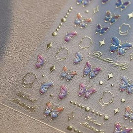 Butterfly Nail Stickers for Nail Art 5D Embossed Colorful Nail Art Stickers Gold Nail Decals Self Adhesive Nail Art Design Manicure Supplies Charm for Women Nail Art Decorations Accessories