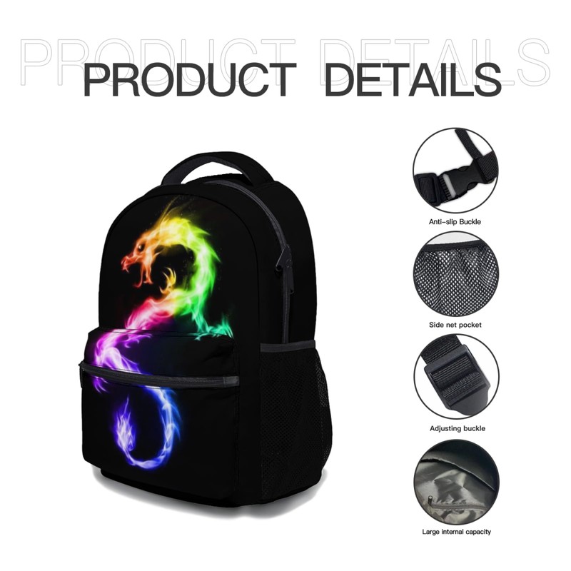 Anyako Fire Rainbow Dragon Black School Backpack, Kids bag for