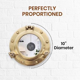 The Metal Magician 10inch Nautical Decor Porthole Wall Mirror, Polished Brass, Mirror for Home, Pirate Decor, Shipwrecked Victorian
