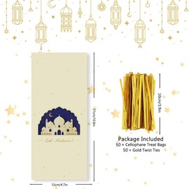 Eid Cellophane Treat Bags 50 PCS,Ramadan Mubarak Plastic Candy Bags with Twist Ties,Eid Moon Castle Gift Bags Party Favor Bags For Islamic Muslim Eid Mubarak Party