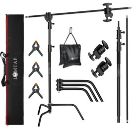 LOMTAP C Stand Light Stand Stainless Metal Photography Kit - Heavy Duty 6.8ft/210cm Vertical Pole, 2.8ft/87cm Boom Arm, Adjustable Base, Water Sandbag, 2 Grip Heads, 3 Clips for Softbox, Reflector