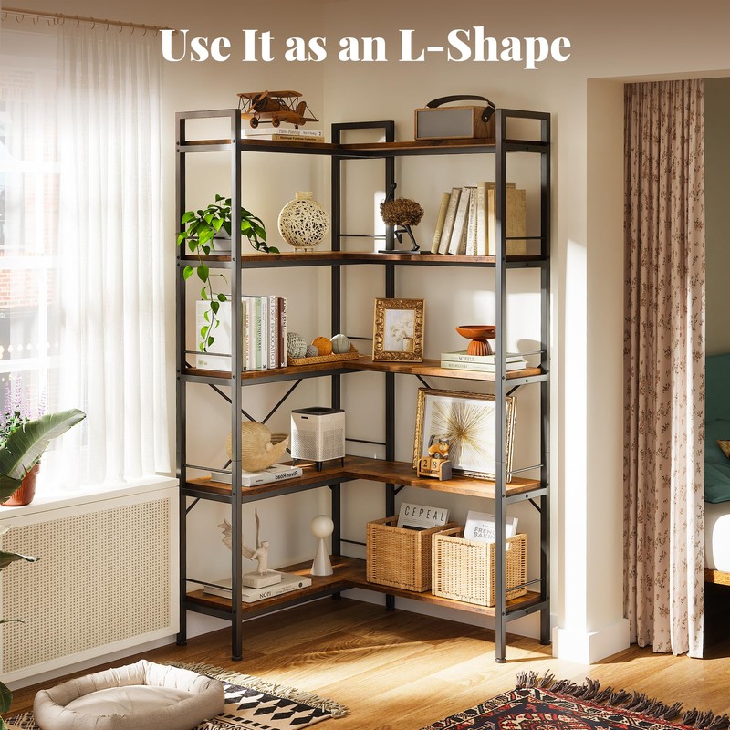 Huuger 5 Tier Bookshelf, L Shaped Corner Bookshelf with 10
