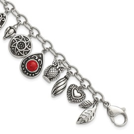 Real Stainless Steel Synthetic Jade and Red Glass with 2in Extension Charm Bracelet - with Secure Lobster Lock Clasp 7"
