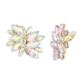 EVER FAITH Art Deco Marquise Rhinestone Crystal Cluster Leaf Wedding Bridal Clip-on Stud Statement Earrings for Women Brides Prom Iridescent AB Silver-Tone
