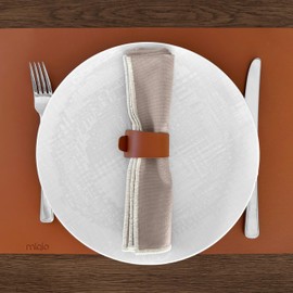 MIQIO® Design Cotton Napkins, Set of 6 + Napkin Rings Made of Vegan Leather, 45 x 45 cm, Fabric Napkins with Elegant Decorative Stitching, 100% Organic Cotton, Certified, Natural, Cognac