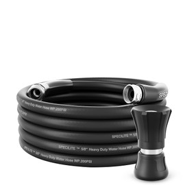 SPECILITE Hot/Cold Water Hose 25ft x 5/8" with High Flow Nozzle,Heavy Duty Black Garden Hose -50℉ to 158℉,Flexible & Lightweight Rubber Hoses With 3/4"Stainless Steel Fittings for Yard,Outdoor,Farm