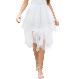 Wikoan Women's Tulle Skirt Multilayer Mesh Pleated Ladies Skirts Stylish Midi Skirts Irregular A-line Prom Party Skirt White,XL