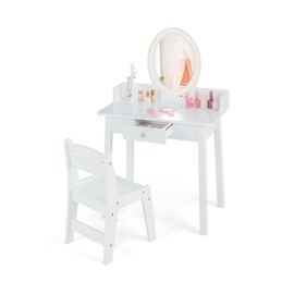 MAT EXPERT Kids Vanity w/Lighted Mirror, 2 in 1 Wooden Kids Vanity Table and Chair Set, Princess Makeup Toddler Vanity Dressing Table w/Storage Drawer Jewelry Rack, Pretend Play Girls Vanity (White)